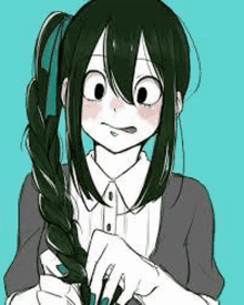 a girl with green hair and pigtails is holding a braid in her hand .