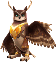 a brown and white owl with blue eyes is wearing a saddle