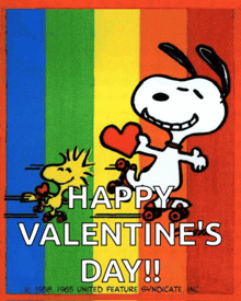 a happy valentine 's day poster with snoopy and woodstock on roller skates