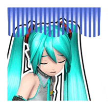 hatsune miku with her eyes closed and a blue and white striped curtain behind her