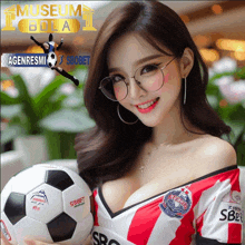 a woman holding a soccer ball with the words museum bola agenresmi sbobet behind her