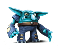 a blue troll from a video game is standing on a white background with his hands outstretched .