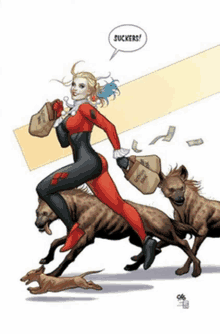 a harley quinn comic book character running with hyenas