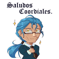 a cartoon of a man in a suit and tie with the words saludos cordiales behind him