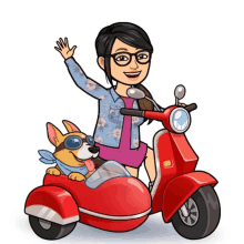 a cartoon of a woman riding a red scooter with a dog on the side