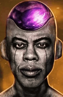 a man with a purple ball on his head is crying