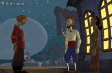 a video game screen shows a man with a beard talking to two other men