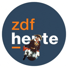 a blue circle with the words zdf heute in orange