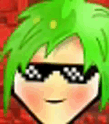 a cartoon character with green hair and sunglasses on a red background .