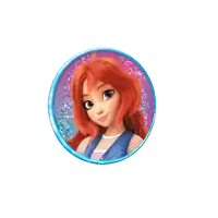 a girl with red hair and blue wings is in a blue and pink circle