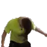 a man in a green shirt is dancing with his hair in the air .
