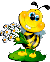 a cartoon bee holding a bunch of daisies