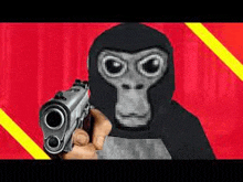 a gorilla wearing a mask is holding a gun .