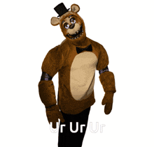 a brown teddy bear with a top hat and gloves is standing in front of a white background with the words ur ur ur