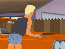 a cartoon of a man cleaning a car with a towel