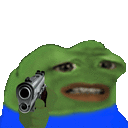 a green frog is pointing a gun at the camera while wearing a blue shirt .