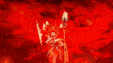 a statue of liberty is holding a gun in a red background