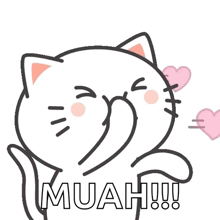 a cartoon cat is blowing a kiss with pink hearts flying around it .