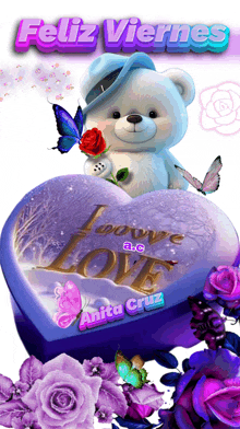 a purple heart with a teddy bear holding a rose and the words feliz viernes above it