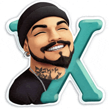 a man with a beard is smiling with a letter x in the background