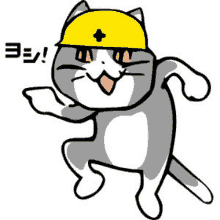 a gray and white cat wearing a yellow hard hat is dancing .