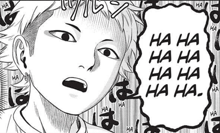 a black and white drawing of a boy laughing in a manga .