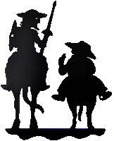 a silhouette of a man riding a donkey and a man riding a horse