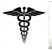 a black and white caduceus medical symbol with wings and snakes on a white background .