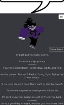 a screenshot of a roblox page that says ' im back but not super active ' at the top