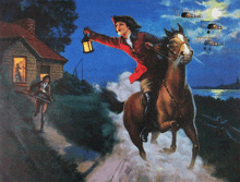 a painting of a man riding a horse with a lantern