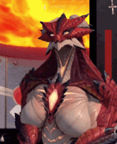a red and white dragon is standing in front of a red and yellow background