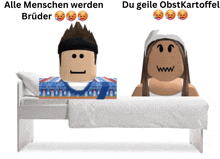 a boy and a girl are laying in a bed with the words alle menschen werden bruder on the top