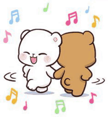 a couple of teddy bears are holding hands and dancing in front of musical notes .