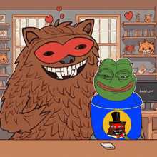 a cartoon of a frog wearing a top hat next to a bear with a mask