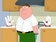 peter griffin from family guy is standing in a kitchen surrounded by clown gloves