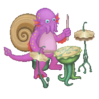 a purple monster is playing drums with a snail on his back