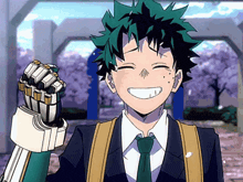a cartoon character with green hair and a robot arm