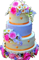 a three tiered cake with pink and blue flowers