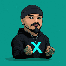 a cartoon of a man wearing a black hoodie with a blue x on the front