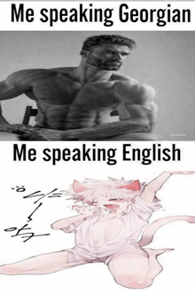 a picture of a shirtless man and a picture of a cat with the words me speaking georgian me speaking english