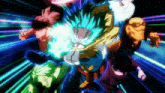 a group of anime characters are standing next to each other and one of them has a blue hair