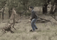 a man is standing next to a kangaroo in a field with the word akward written on the bottom of the image