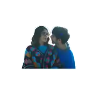 a man and a woman are looking at each other with a white background