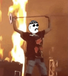 a cartoon of a man with a mustache and sunglasses holding a stick in front of a fire