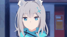 a girl with white hair and blue eyes is wearing a cat ear hoodie .