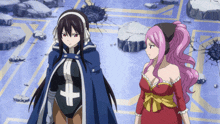 two anime characters standing next to each other one of whom has a cross on her chest