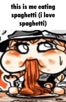 a cartoon character is eating spaghetti while wearing a hat and a hat .