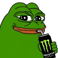 a green frog is drinking a monster energy drink through a straw .