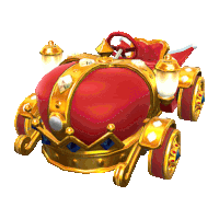 a red and gold vehicle with a crown on top