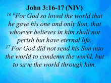 a blue background with the bible verse john 3:16-17 niv